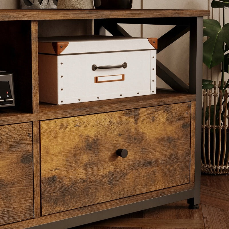 Comoda TV Stil Industrial Loft din MDF si Metal, Maro Rustic, 143x40x50 cm