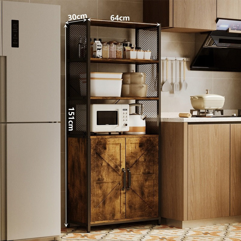 Bufet Inalt Stil Loft cu 2 Usi si Rafturi, Maro Rustic si Metal, 64x30x151 cm