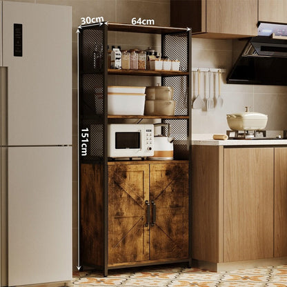 Bufet Inalt Stil Loft cu 2 Usi si Rafturi, Maro Rustic si Metal, 64x30x151 cm