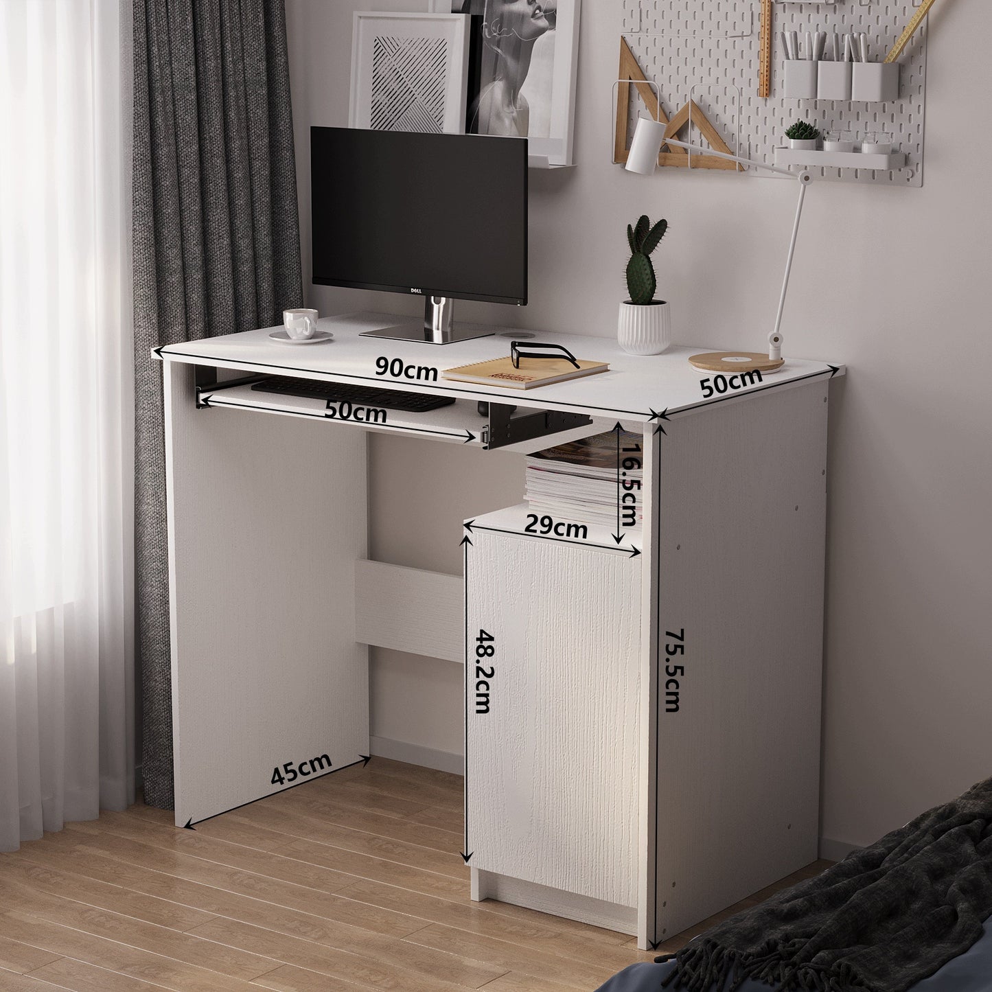 Birou Compact PC 90 cm cu Raft Extensibil Tastatura, Alb Mat Textura Lemn, 90x50x76 cm