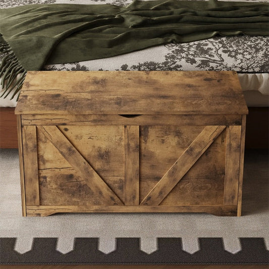 Banca Hol cu Lada Depozitare din Lemn, Stil Loft Industrial, Maro Rustic, 100 cm