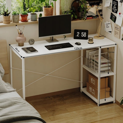 Birou Calculator Stil Loft cu Rafturi, Alb complet, MDF si Metal, 120x48 cm, Tineret