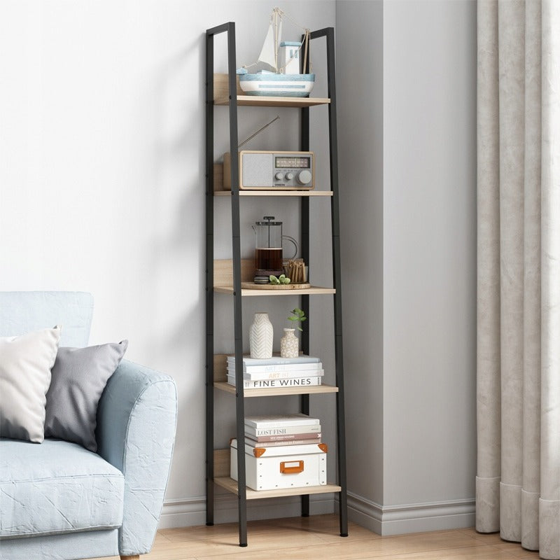 Biblioteca Tip Scara Stil Loft cu 5 Rafturi, Maro Deschis si Metal, 33.8x30x170 cm