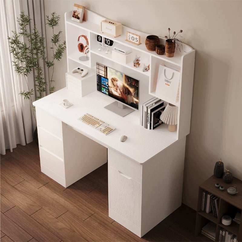 Birou Alb cu Extensie si Rafturi, Masa PC cu 4 Sertare, Textura Lemn, 130x50x148 cm