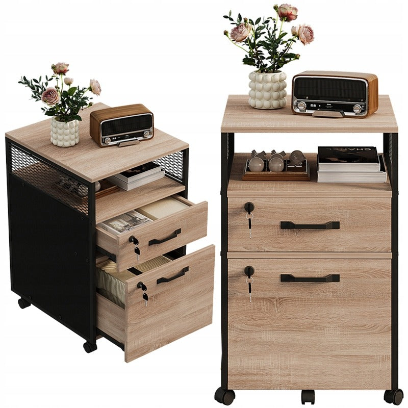 Container Mobil Documente Stil Loft cu 2 Sertare si Incuietoare, Maro Deschis, 42x44x69 cm