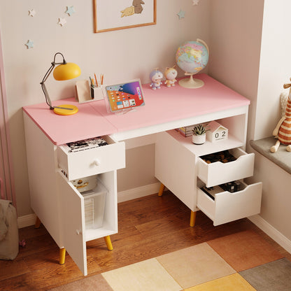 Birou Tineret Stil Scandinav Roz si Alb, Masa de Studiu din Lemn si MDF, 110 cm