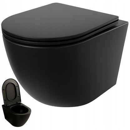 Vas WC Suspendat Negru Rimless cu Spalare Vortex si Capac Soft-Close, 49 cm