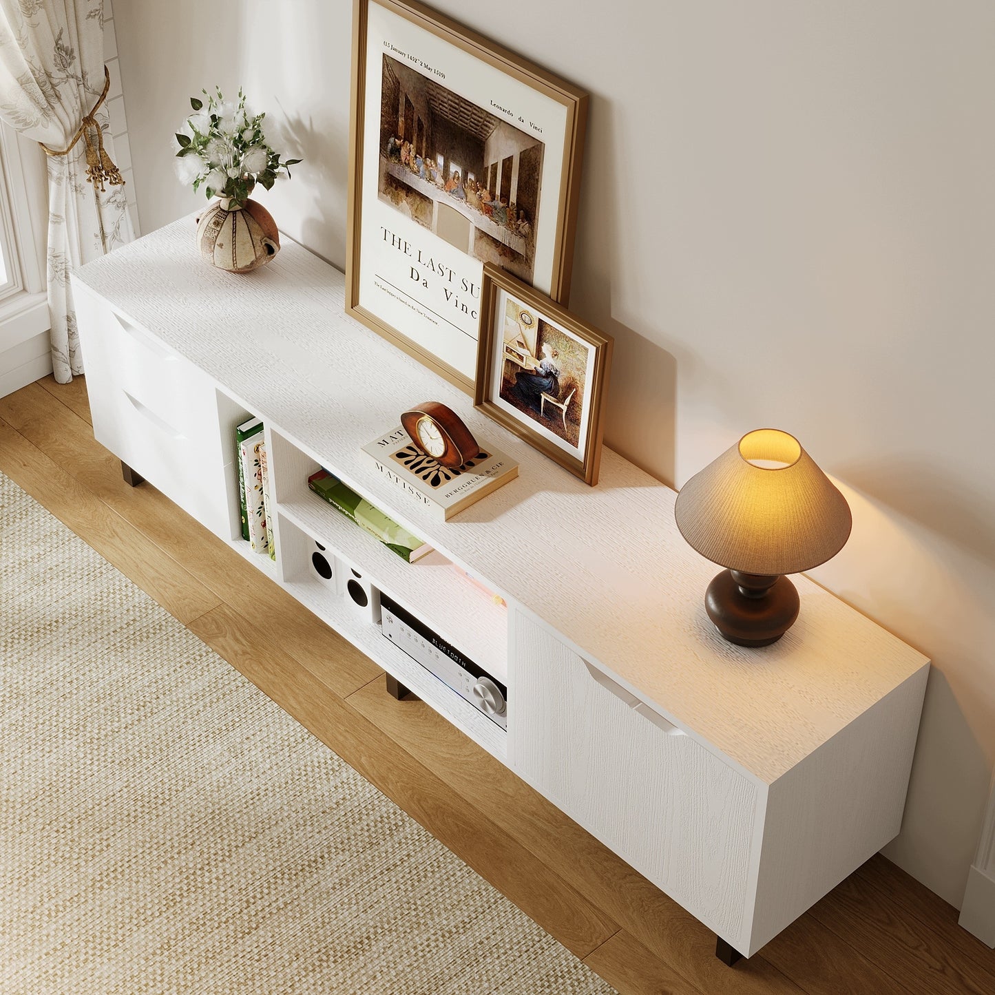 Comoda TV Stil Scandinav Alb Mat cu Sertare si Ușa, Stand TV Living, 140x30x41 cm