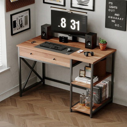 Birou Calculator Stil Loft cu Sertar si Rafturi, Maro Deschis si Metal, 120x60x74 cm
