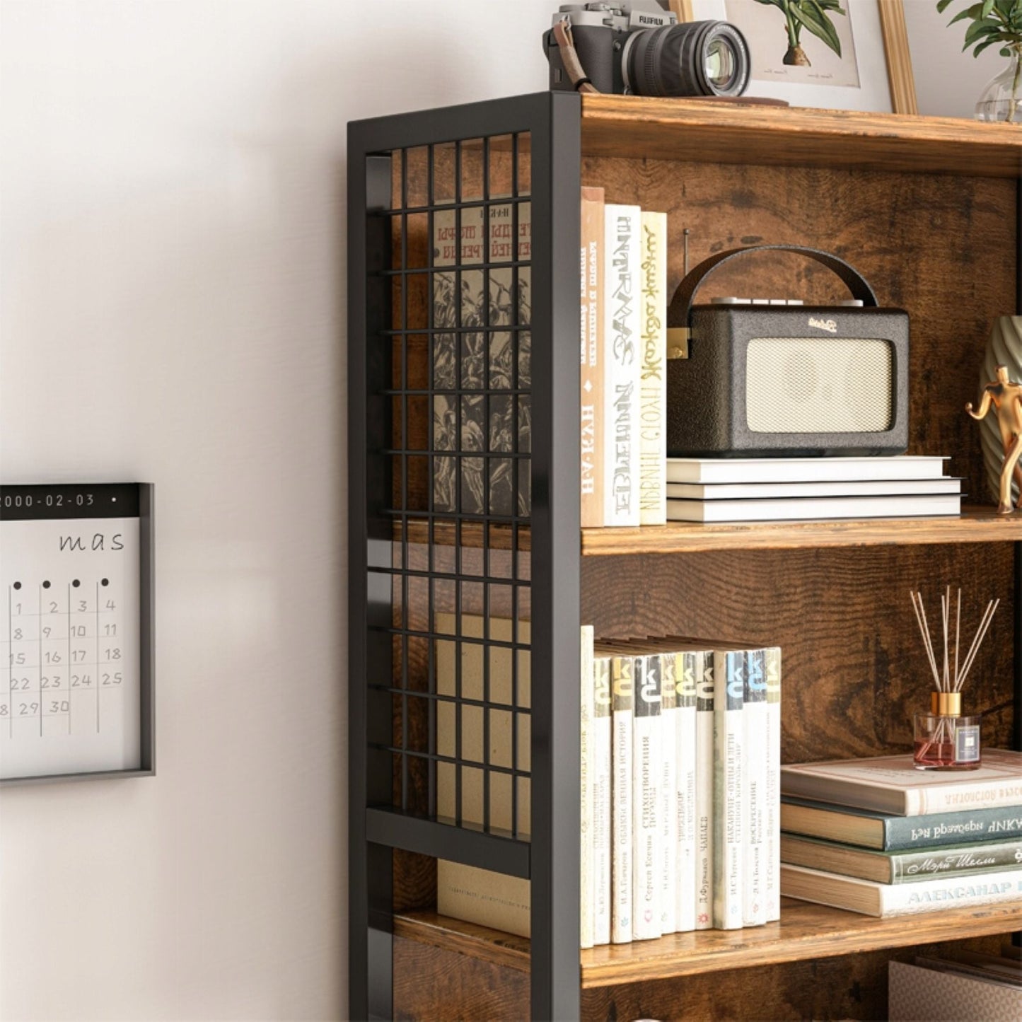 Bibliotecă loft 155 cm – MDF lemn rustic + cadru metalic, 5 polițe