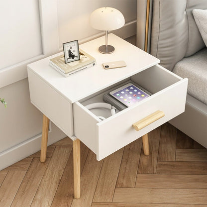 Masă noptieră 45 cm – alb, MDF + lemn, stil modern