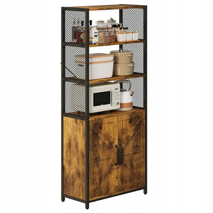 Bufet Inalt Stil Loft cu 2 Usi si Rafturi, Maro Rustic si Metal, 64x30x151 cm