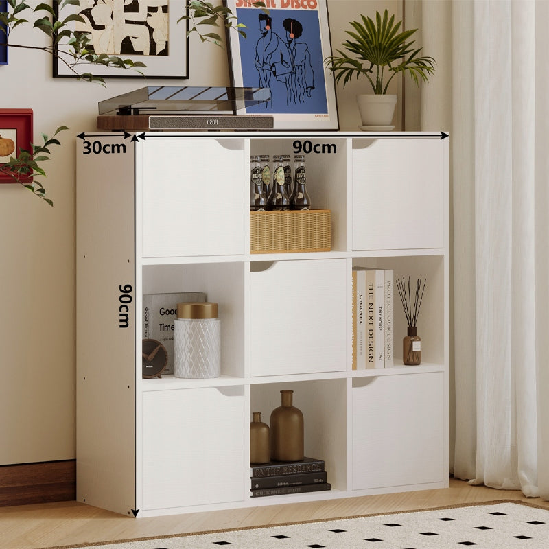 Etajera Alba cu 9 Rafturi, Deschise si Inchise, Stil Loft Modern, 90x90x30 cm
