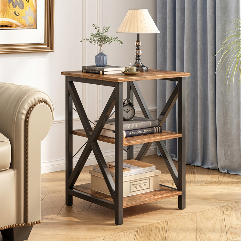 Noptieră loft 40 cm – maro rustic, 2 polițe, MDF + cadru metalic
