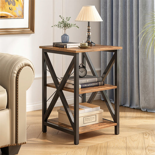 Noptieră loft 40 cm – maro rustic, 2 polițe, MDF + cadru metalic