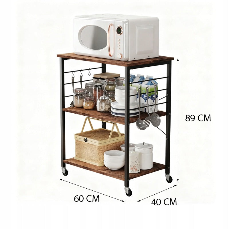 Carucior de Bucatarie pe Roti Stil Loft, 60x40x89 cm, Masa Mobil Mic Dejun Maro/Negru
