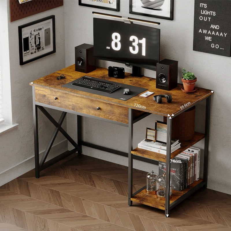 Birou Calculator Stil Loft cu Sertar si Rafturi, Maro Rustic si Metal, 120x60x74 cm