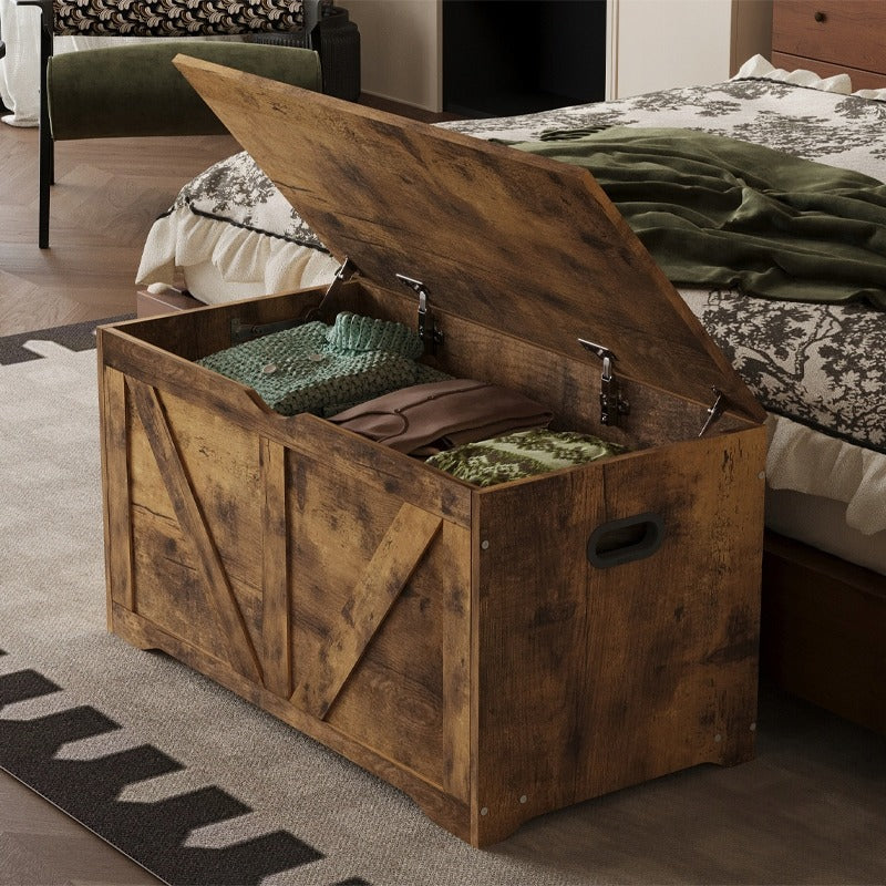 Banca Hol cu Lada Depozitare din Lemn, Stil Loft Industrial, Maro Rustic, 100 cm