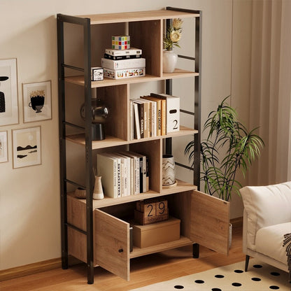 Biblioteca Stil Loft 155 cm, Rafturi Deschise si Dulapuri, MDF si Metal, 74x30 cm