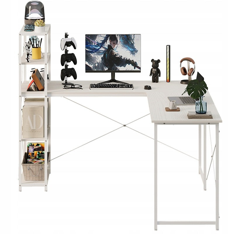 Birou de Colt pentru Computer cu Biblioteca si Rafturi, Alb, 144x51.5 cm, Stil Loft
