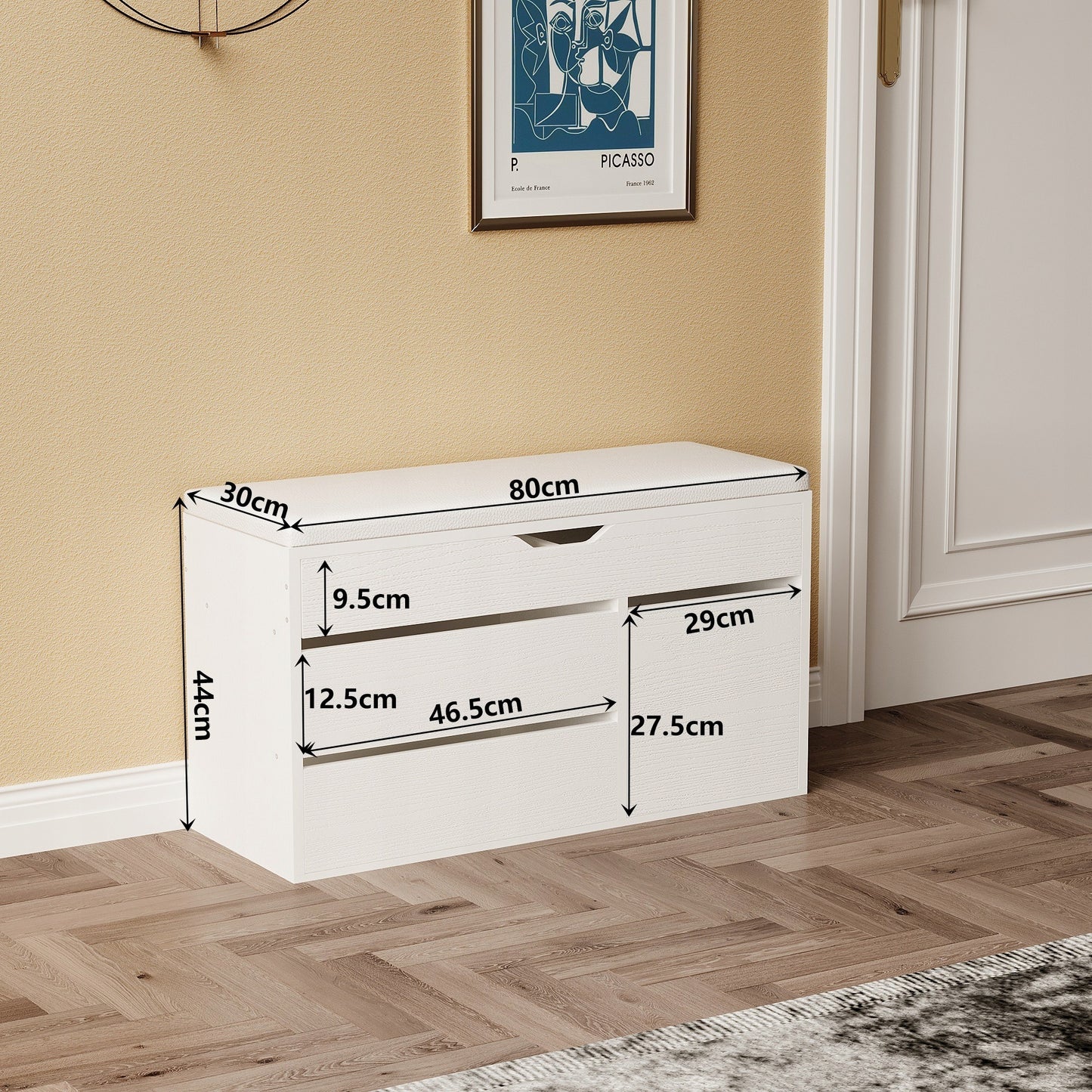 Banca pentru Hol cu Pantofar si Sezut Tapitat, Dulap Alb cu Usi si Depozitare, 80x30x44 cm