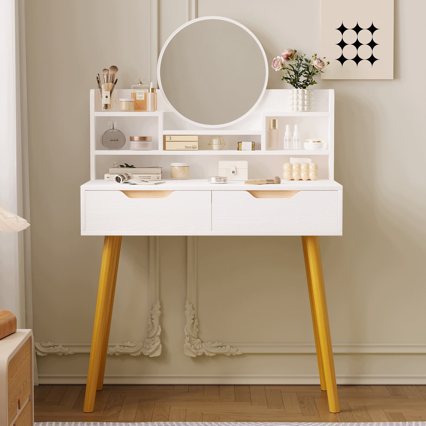 Masuta de Toaleta pentru Machiaj Stil Scandinav Alb Mat, Oglinda Rotunda si Sertar, 80 cm