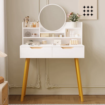 Masuta de Toaleta pentru Machiaj Stil Scandinav Alb Mat, Oglinda Rotunda si Sertar, 80 cm