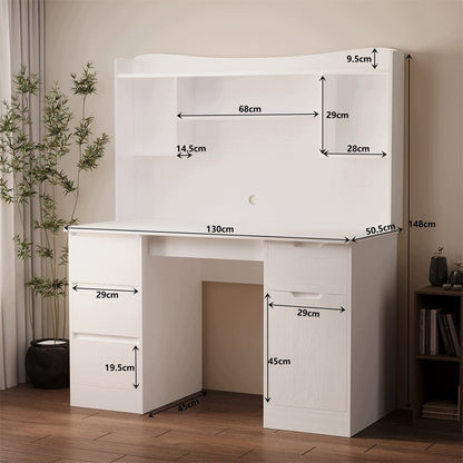 Birou Alb cu Extensie si Rafturi, Masa PC cu 4 Sertare, Textura Lemn, 130x50x148 cm