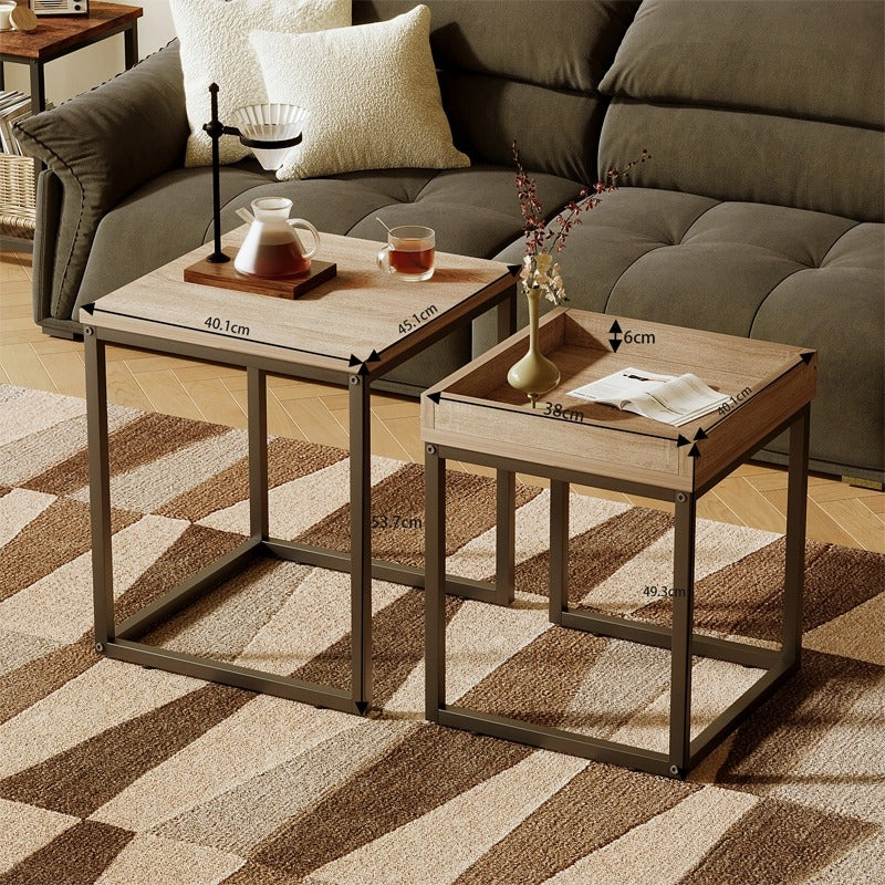 Set Masute de Cafea 2 in 1 Stil Loft, Maro Deschis si Metal Negru, din MDF