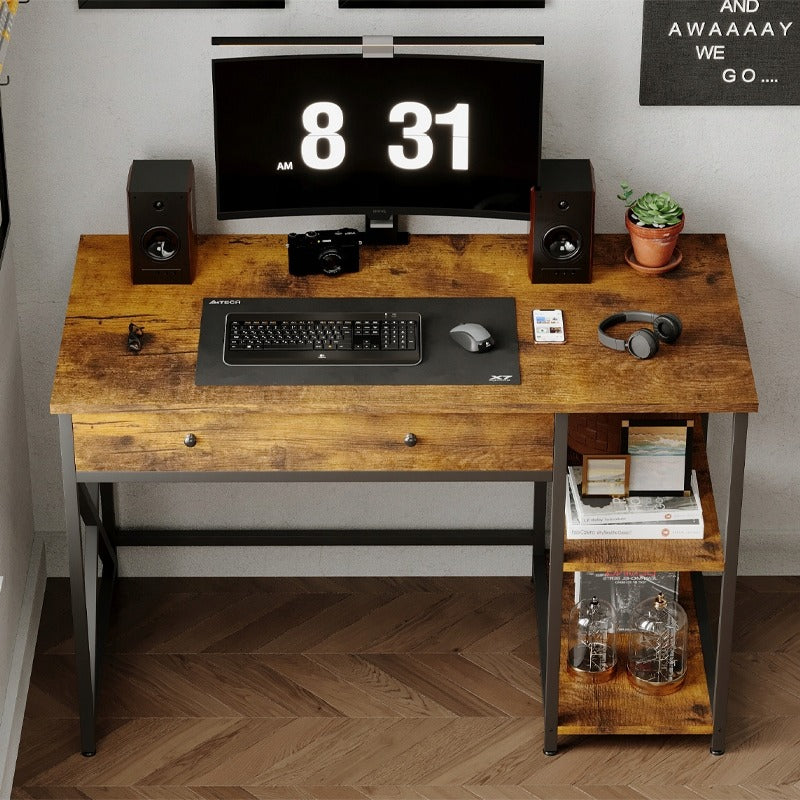 Birou Calculator Stil Loft cu Sertar si Rafturi, Maro Rustic si Metal, 120x60x74 cm