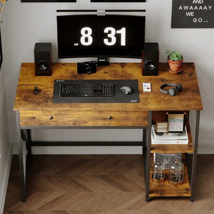 Birou Calculator Stil Loft cu Sertar si Rafturi, Maro Rustic si Metal, 120x60x74 cm