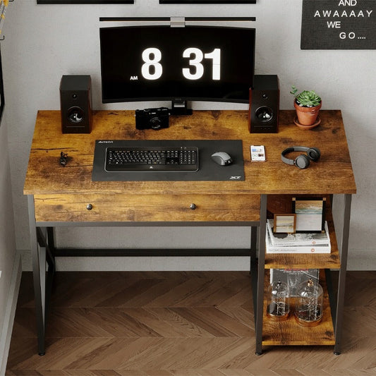 Birou Calculator Stil Loft cu Sertar si Rafturi, Maro Rustic si Metal, 120x60x74 cm