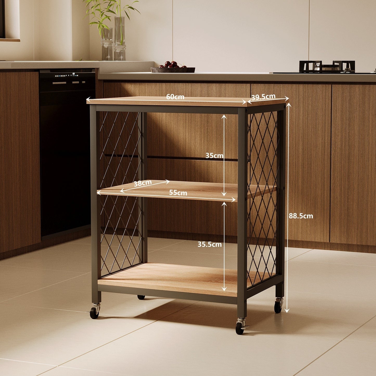 Carucior de Bucatarie Mobil pe Roti Stil Loft Maro Deschis si Metal, 60x40x89 cm