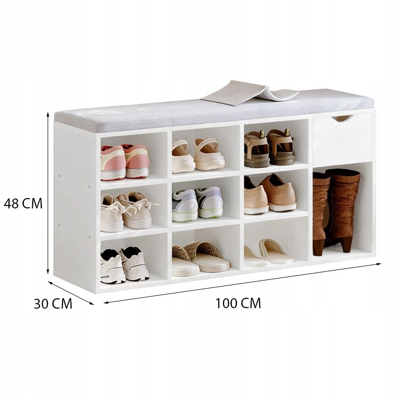 Pantofar cu Șezut 100cm Alb Loft – Bancă Hol pentru 10 Perechi Pantofi
