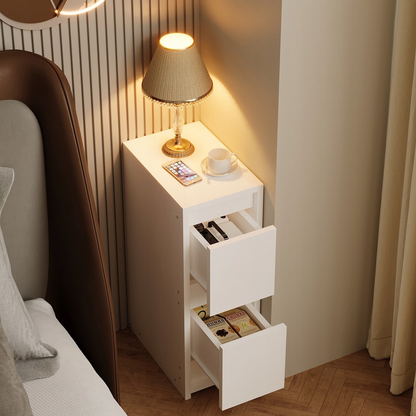 Dulapior de Dormitor si Living Super Slim, Noptiera Alba Latime 20 cm Stil Loft