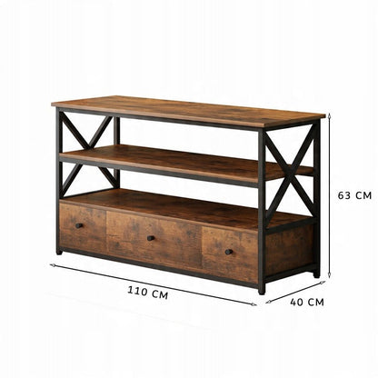 Dulap TV 110 cm – loft, maro + negru, cu sertare și rafturi