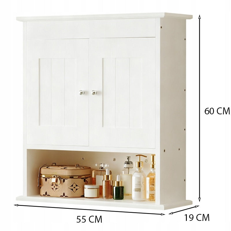 Dulap de Baie Suspendat 55x19x60 cm, Alb Complet cu 2 Usi, Stil Scandinav