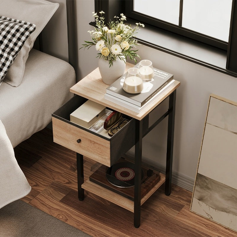 Noptiera Stil Loft cu Sertar si Raft, Maro Deschis si Metal, 38x28x51 cm, Dormitor / Living