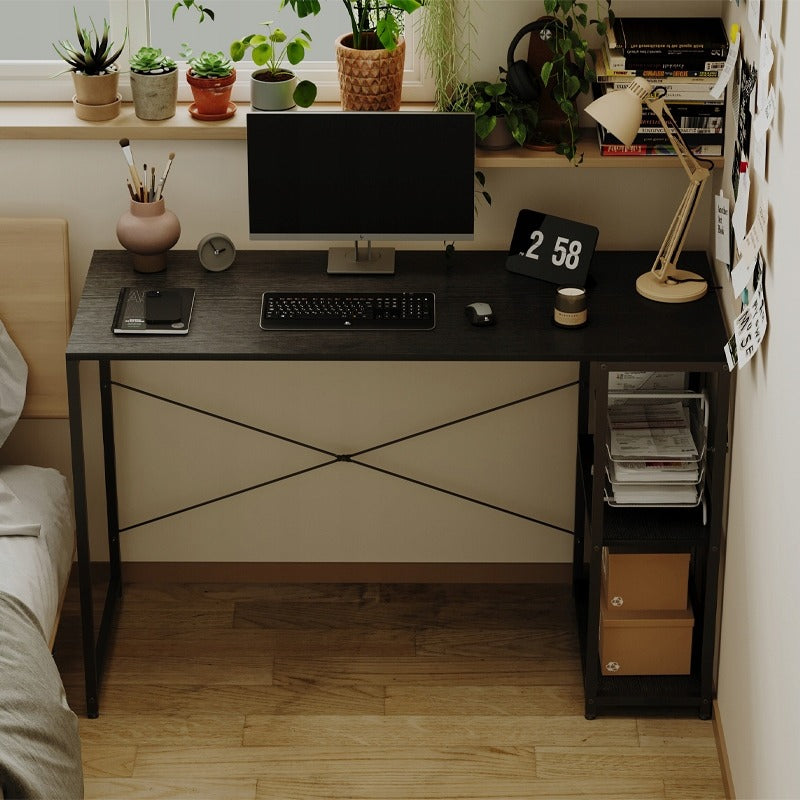 Birou Calculator Stil Loft cu Rafturi, Negru complet, MDF si Metal, 120x48 cm, Home Office
