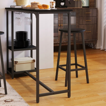 Set Bar Stil Loft cu Masa 120 cm si 2 Scaune Taburet, Complet Negru din Metal