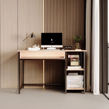 Birou Computer Stil Industrial Loft cu Sertare, Stejar Deschis si Cadru Metalic Negru, 120x60x76 cm