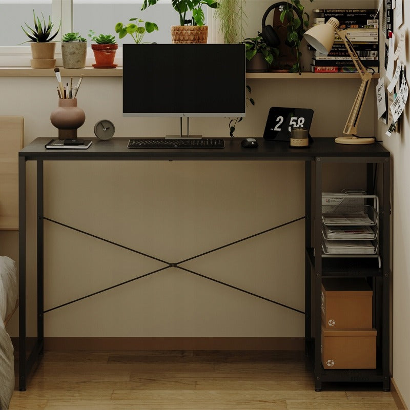 Birou Calculator Stil Loft cu Rafturi, Negru complet, MDF si Metal, 120x48 cm, Home Office
