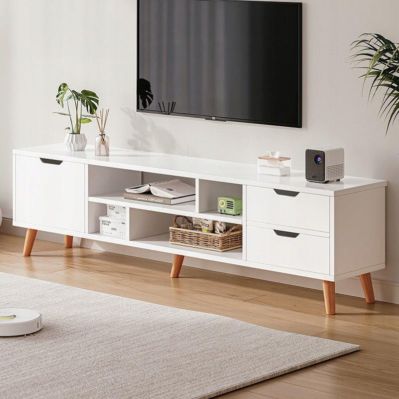 Comoda TV Stil Scandinav din MDF Alb Mat cu Picioare Lemn, 140x30x38 cm