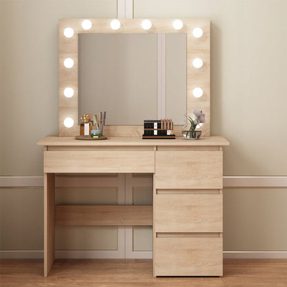 Masa de Toaleta cu Oglinda LED si 4 Sertare, Maro din MDF, 90x40x140 cm