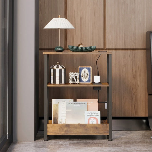 Mini-Biblioteca Stil Loft cu Porturi USB si Prelungitor, Maro Rustic, 44.8x17x57.5 cm
