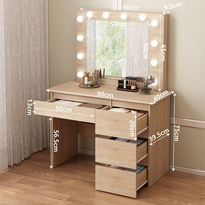 Masa de Toaleta cu Oglinda LED si 4 Sertare, Maro din MDF, 90x40x140 cm
