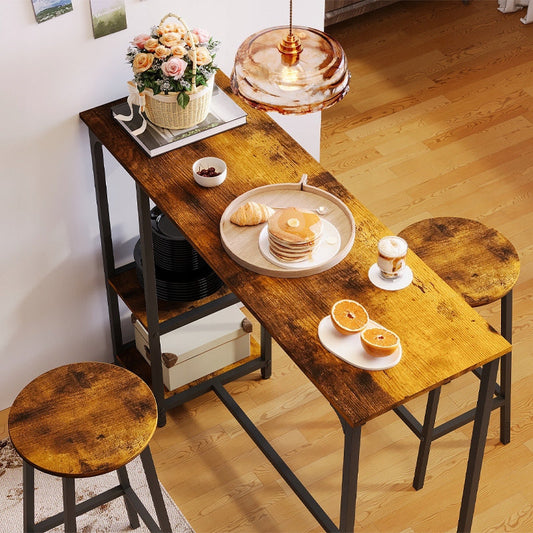Set Bar Stil Loft cu Masa 120 cm si 2 Scaune Taburet, Maro Rustic si Metal