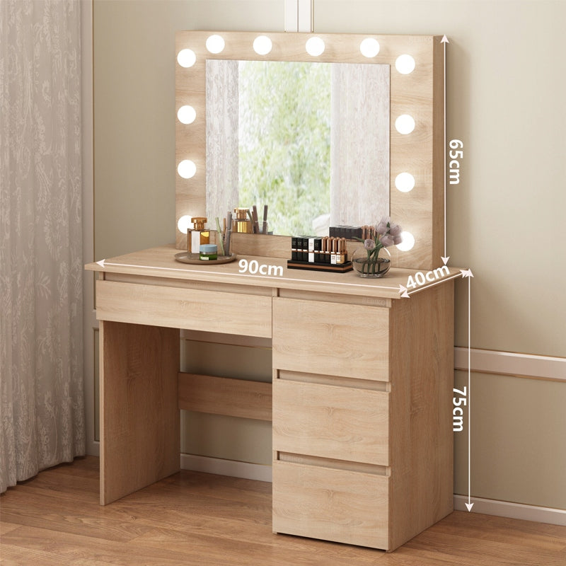 Masa de Toaleta cu Oglinda LED si 4 Sertare, Maro din MDF, 90x40x140 cm