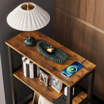 Mini-Biblioteca Stil Loft cu Porturi USB si Prelungitor, Maro Rustic, 44.8x17x57.5 cm