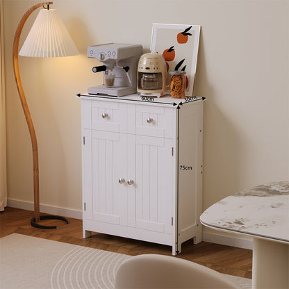 Comoda pentru Baie Alba cu 2 Usi si Sertare, 60x30x75 cm, Stil Scandinav